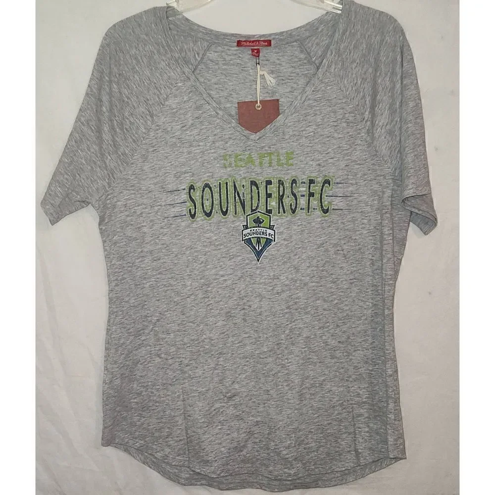 Seattle Sounders MLS FC Women's Medium V-Neck grey T-Shirt NWT Mitchell & Ness - Picture 2 of 11